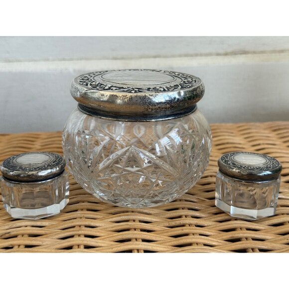 Antique 30's Vanity Jars Cut Crystal Floral Wallace Sterling Silver Tops Set 3 - Picture 1 of 16
